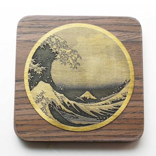 ヤマコー(Yamaco) 真鍮 浮世絵コースター 木台付 四角 ウォールナット(神奈川沖浪裏)9x9xH0.7cm 16270