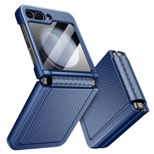 Doeshine for Samsung Galaxy Z Flip 5 Hülle mit Scharnierschutz und Bildschirmschutzfolie, Rutschfester Textur, Hard PC Militär Stoßfest Schutzhülle Kratzfest Rugged Cover für Galaxy Z Flip 5 (Blau)