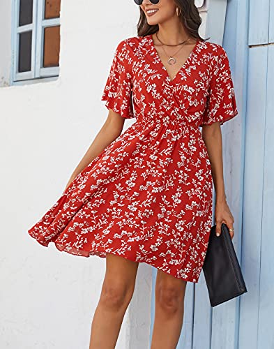 Image of Kormei Women's Boho Floral Print Flared Short Sleeve A Line Swing Flared Skater Summer Dress S Red Floral