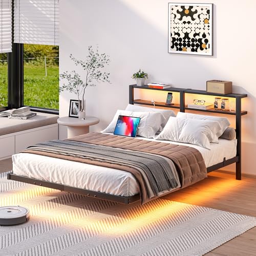 HAHRIR Floating Full Bed Frame with LED Lights & USB Charging Station, Metal Platform Bed with Two Storage Shelves, Heavy Duty Noise-Free Slats,Black by HAHRIR - Used condition - CA$142.49