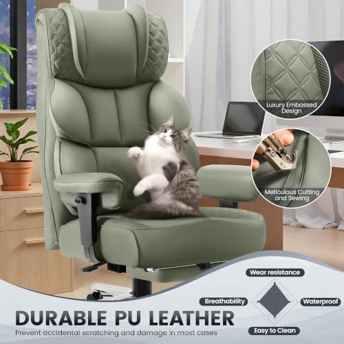 Image of BestGlory Office Desk Chair, Big and Tall Leather Gaming Chair with Footrest, Wide Ergonomic Comfy Executive High-Back Reclining Computer Chairs, Swivel Rolling Wheels and Padded Lumbar Support, Green