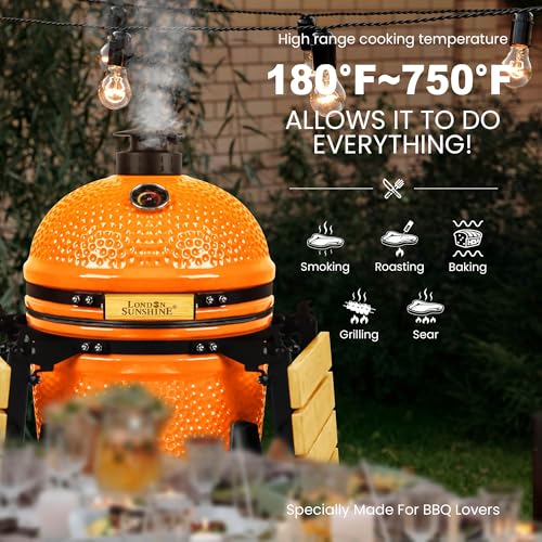 Image of London Sunshine 15-inch Ceramic Kamado Charcoal BBQ Grill & Smoker with Locking Casters, Foldable Side Shelves, Stainless Steel Grates, and Tall Stand (Orange)