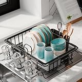 Sakugi Abtropfgestell Geschirr für die Spüle – Ausziehbares Geschirrabtropfgestell aus rostfreiem Stahl, Küchen-Geschirr Abtropfständer mit Besteckhalter, 39.0-61.0 x 25.0 x 7.5 cm, Schwarz