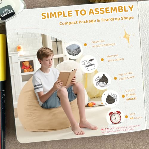 2FT Bean Bag Chair, Comfy Bean Bag Chairs with Memory Foam Filled, Fluffy Beanbag Sofa with Dutch Velvet Cover, Teardrop BeanBag Chairs for Living Room, Playroom - Khaki