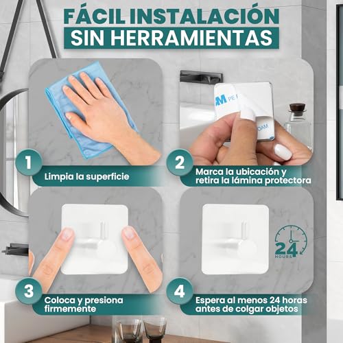 ORZAC®️ Accesorios Baño Sin Taladro - Set de 9 Piezas con Toalleros de Baño Sin Taladro, Colgadores Adhesivos Resistentes y Ganchos Adhesivos para Pared (BLANCO) - imagen 8