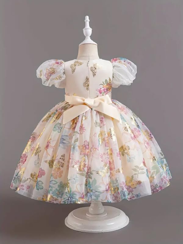 Image of Niren Enterprise Baby Girls Fit And Flare Knee Length Gold Foil Butterfly Puff Sleeve Bowknot Princess Gown Dress for Special Occasions