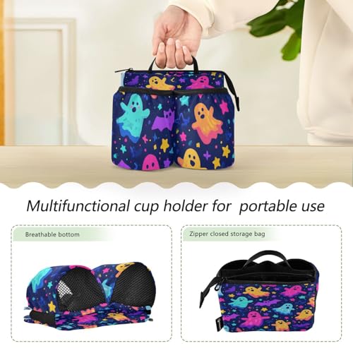 Image of Luggage Cup Holder for Suitcases Free Hands Suitcase Cup Holder Travel Luggage Drink Holder Portable Luggage Cup Caddy Bag Carrier with Handle Neon Halloween Ghosts Stars Bats