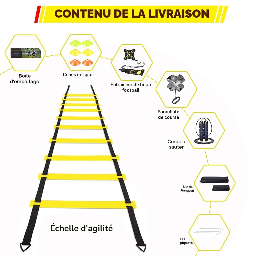Kit D'entraînement à l'agilité pour Le Football Comprenant Un Appareil D'entraînement au tir, Un Échelle D'agilité, Un Parachute de Résistance, 6 Cônes et Une Corde à Sauter