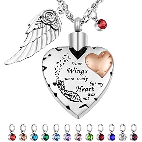 Dletay Heart Cremation Necklace for Ashes Cremation Jewelry with 12 Birthstones Urn Necklace for Ashes-Your Wings were Ready but My Heart was Not Cover