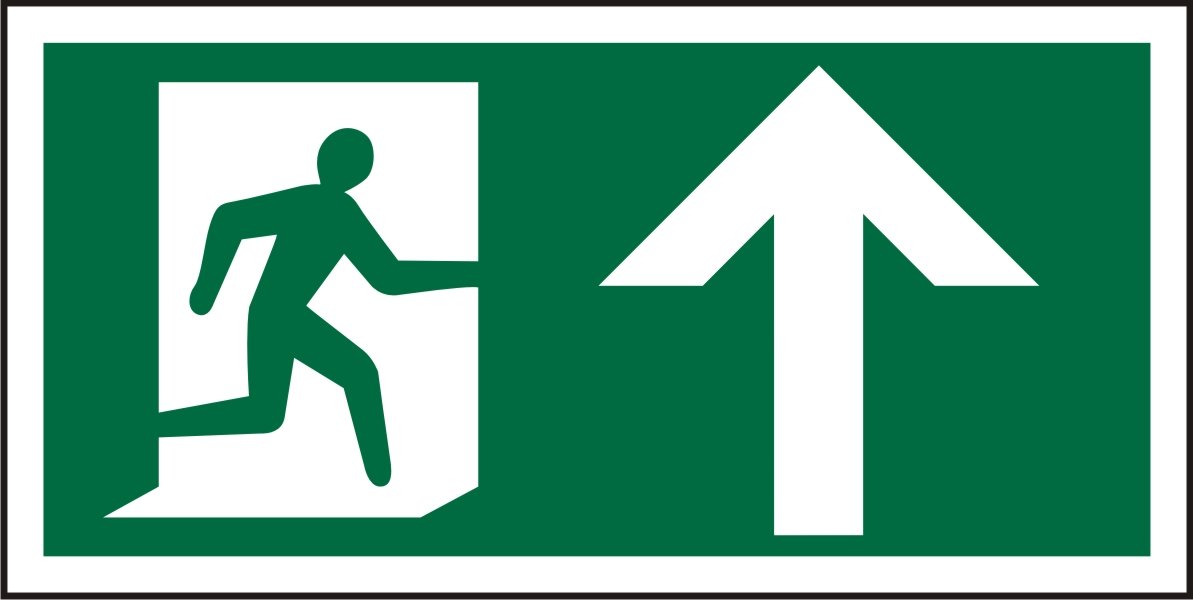 Seco Fire Exit - Man Running Right & Arrow Pointing Up Pictogram Sign, 300mm x 150mm - 1mm Semi Rigid Plastic
