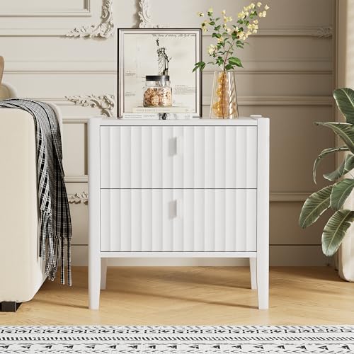 Image of Furniway Nightstand Set of 2, Modern End Table with Solid Wood Legs, Bedside Table with 2 Drawers and Metal Handles for Bedroom, White