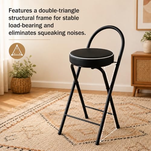 Image of Folding Bar Stool with Backrest Counter Height Chair Padded Seat Cushion Space Saving Foldable Stool for Kitchen Island Extra Portable Indoor Seating(Black,25.6 inch Seat Height (65cm))