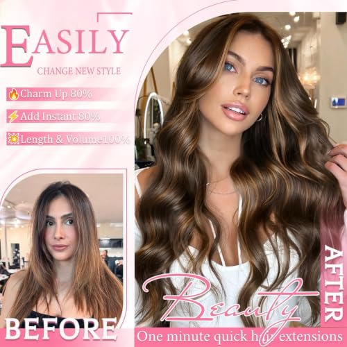 Image of Clip in Hair Extensions Real Human Hair Dark Brown Highlights for Women