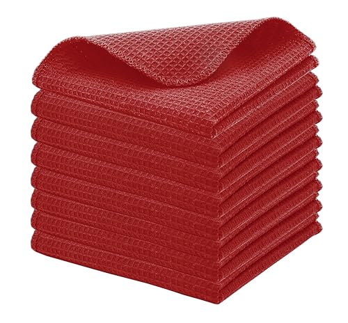 PurpleEssences Dish Cloths and Dish Rags - 8 Pack Waffle Weave Solid Kitchen Dish Wash Cloths, 100% Cotton, 12 x 12 Inches, Ultra Soft Absorbent Quick Drying - Red