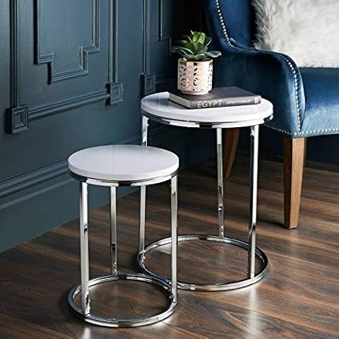 PaMeer-Unique Style Round Norsk Set of 2 Tables White nest Table Tops with Chrome Legs for Living Room Space Saving Design Cover
