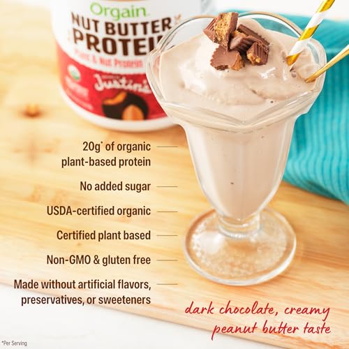 Image of Orgain X Justin's 20g Protein Powder, Chocolate Peanut Butter, 1.17lb | Organic plant based nut butter protein, 1g sugar, gluten free, no dairy or soy ingredients, no artificial flavors