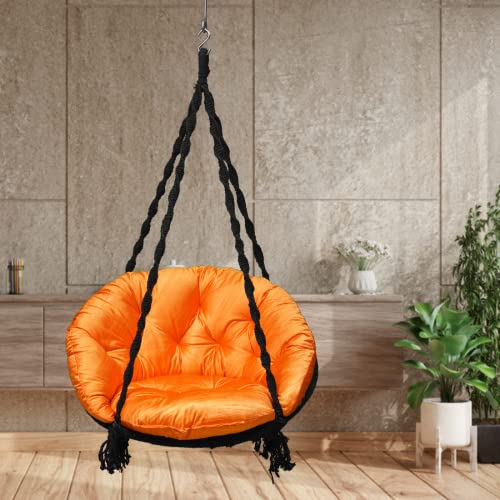 Image of Patiofy Premium Cotton Swing Chair for Adults, Black & Orange, Maximum Weight 150 Kgs, Hanging Jhula for Home, Balcony, Garden, Living Room