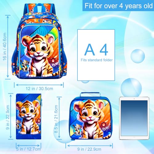 Image of 16 inch Boys Backpack, Kids Bookbag with Lunch Box, 3Pcs Tiger School Backpacks for Elementary Preschool Kindergarten (Blue)