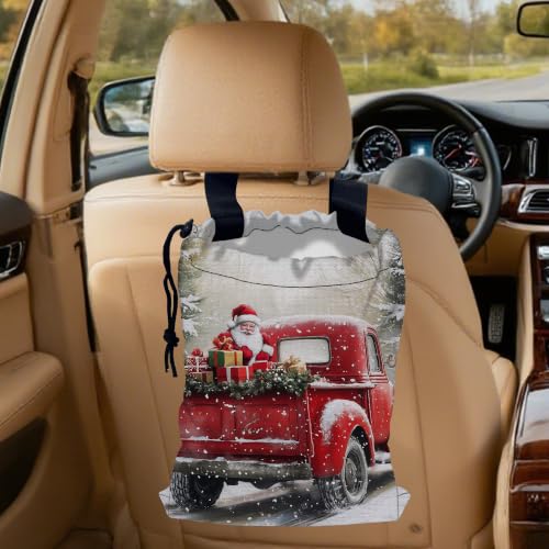 Santa Claus on Red Truck Car Trash Bag, Hanging Drawstring Car Garbage Bag,Canvas Car Back Seat Organizer with Adjustable Buckle for Men and Women