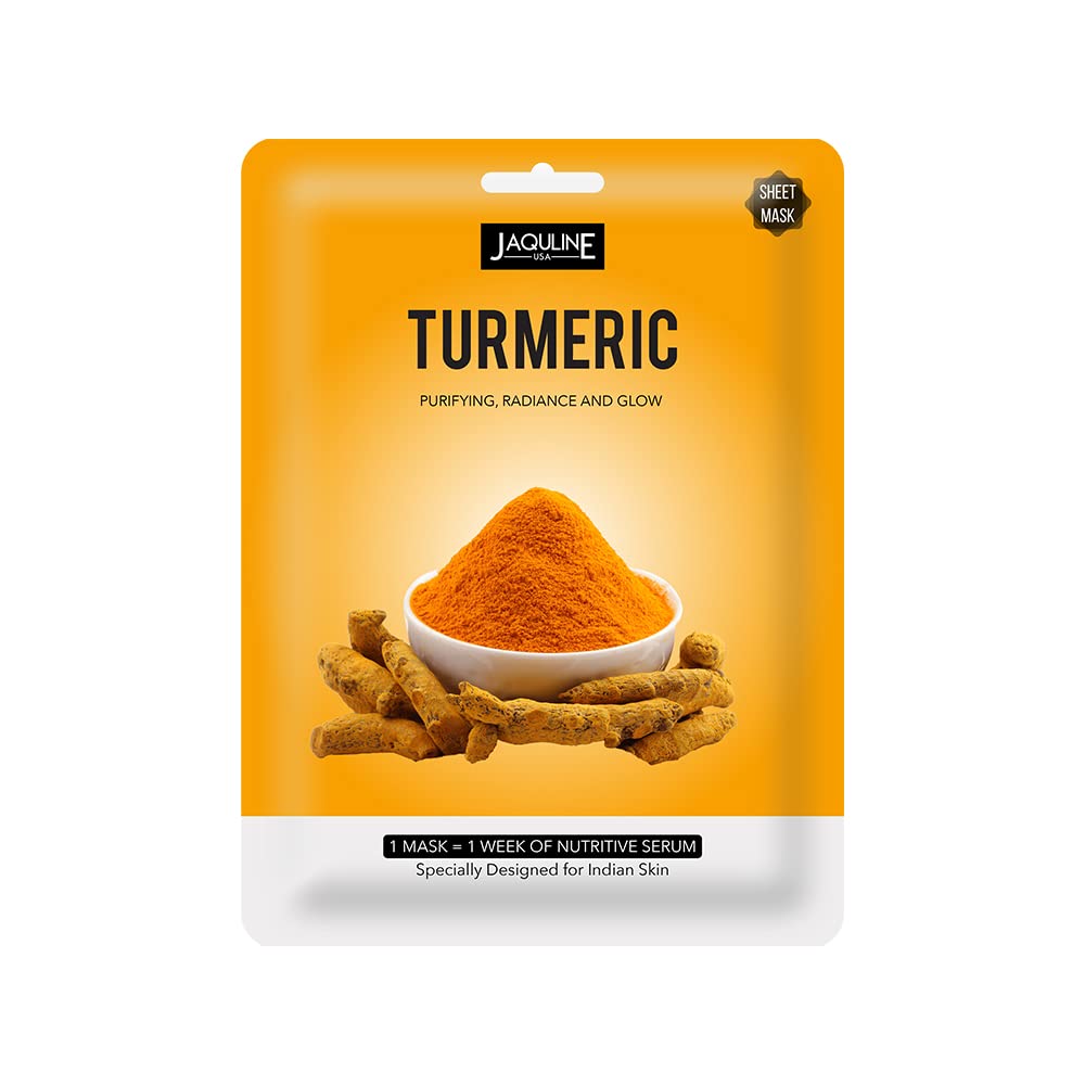 JAQULINE USA Turmeric Sheet Mask | Detoxifies & Brightens | Zero Paraben & Sulphate | Biodegradable | Lightweight | Hydrating & Skin Firming