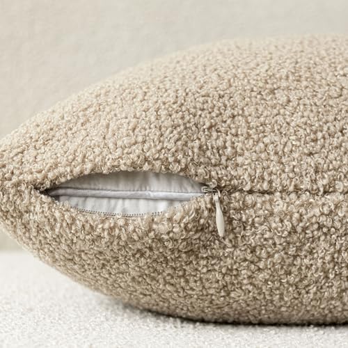 Image of Foindtower Pack of 2, Curly Faux Fur Decorative Throw Pillow Covers Soft Fuzzy Plush Cushion Case with Zipper Cozy Pillowcase for Home Living Room Couch Bed Sofa 12 x 20 Inch,Taupe Khaki Camel