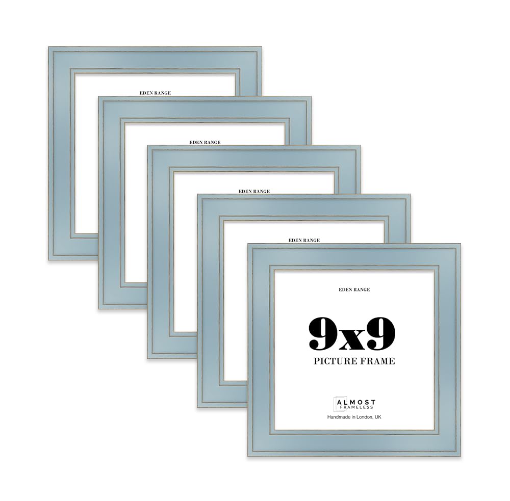 9x9 Cornflower Blue Picture Frame - Shabby Chic Photo Frame with Distressed Finish, Gold Trim, Wall Hooks and Kickstand, 37mm Edge - 5 Pack
