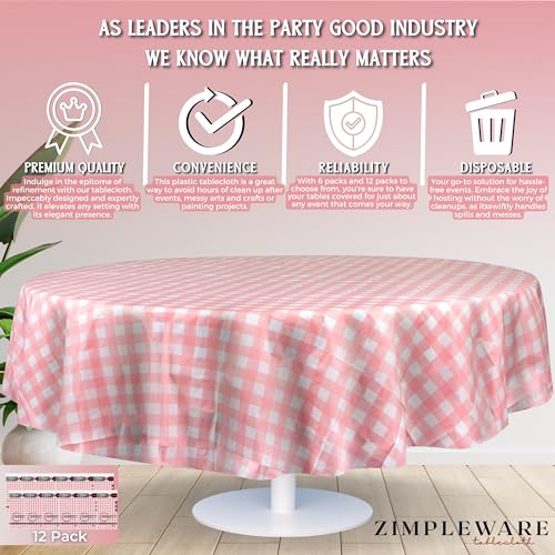 ZIMPLEWARE Premium Pink Gingham Checkered Plastic Table Cloth Disposable (12 Pack) Round Tablecloth (84in) Party Table Cloths Disposable, Perfect Table Cloth Round Cover for Any Table Up to 6 Feet by ZIMPLEWARE - Image 3