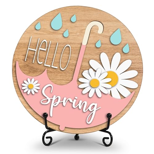 Hello Spring Desk Decor, Rustic Floral Wood Plaque with Stand,