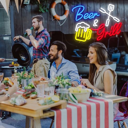 Image of Beer And Grill Neon Sign for Wall Decor, Grilling Led Signs for BBQ Bar, USB Dimmable 15.75 inch x 11.97 inch Neon Lights for Beer Bar Home Pub Restaurant Patio Man Cave Wall Art
