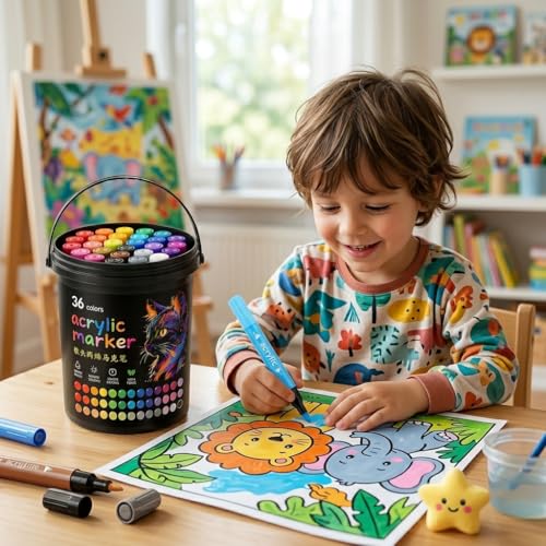 Image of SMILE Professional 36 Colors Acrylic Marker Pen Set - Multi Surface Paint Pens for Rock, Glass, Canvas, Wood, Ceramic, DIY Craft & School Projects