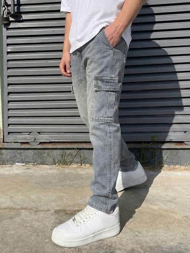 Image of JMIERR Men's Elastic Waist Cargo Jeans Stretch Denim Pants with Drawstring Relaxed Fit for Casual Daily Wear