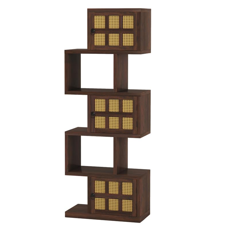 Image of Solid Sheesham Wood 5-Layer Ladder Bookshelf with Zig-Zag Design with 2 Open Shelves & 3 Rattan Wicker Door Storage | Display Cabinet Floor Standing Bookcase for Office Library (Walnut Finish)