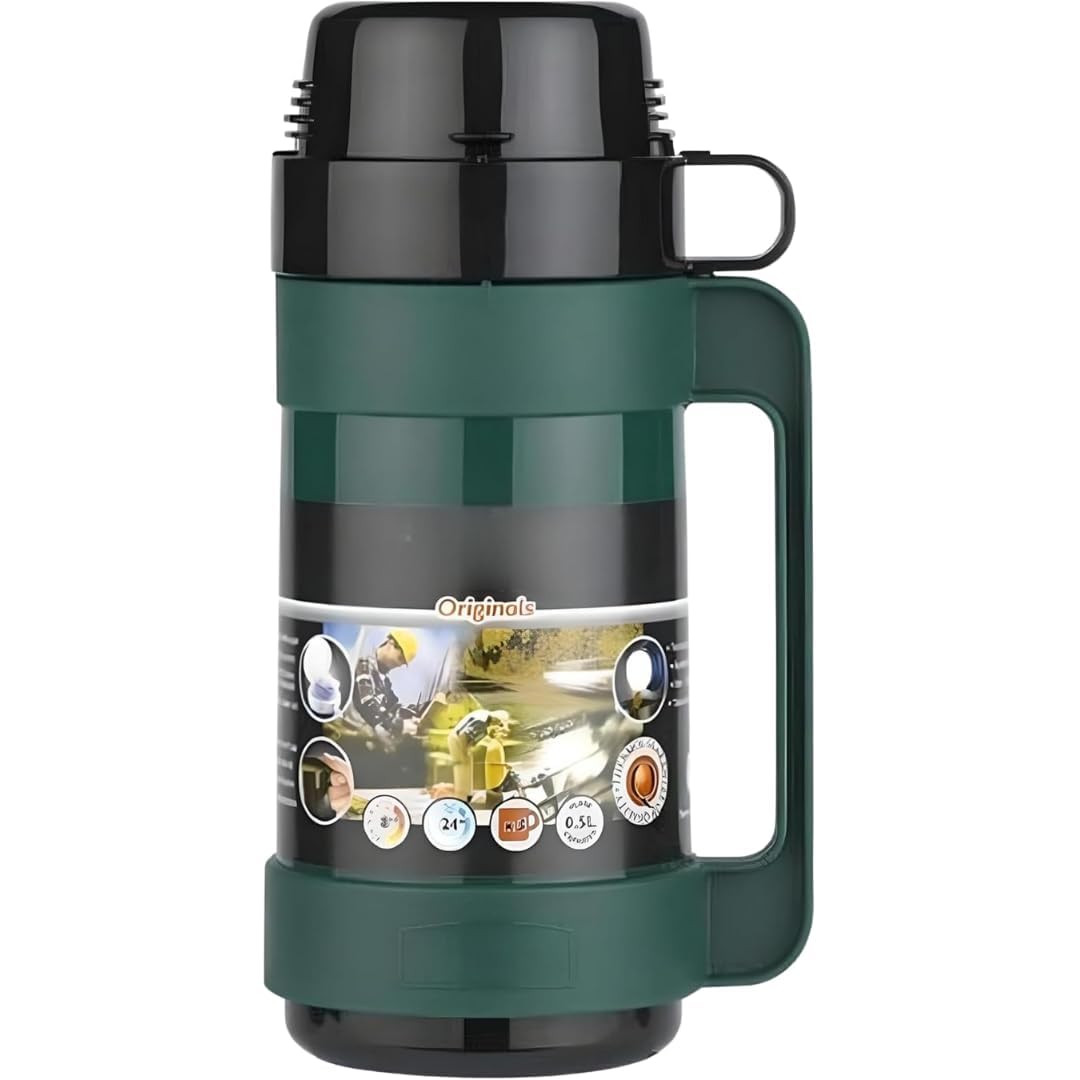 Glass Vacuum Flask Hot & Cold Insulated Thermal Jug | Double-Walled Leakproof Design | Keeps Drinks Hot or Cold 24H | Eco-Friendly Reusable Thermos for Tea, Coffee, Water (Green, 500ml)