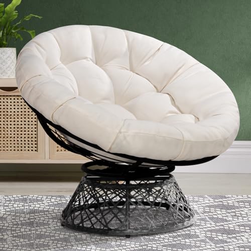Image of Bme Ergonomic Wicker Papasan Chair with Soft Thick Density Fabric Cushion, High Capacity Steel Frame, 360 Degree Swivel for Living, Bedroom, Reading Room, Lounge, Arctic Snow - Black Base