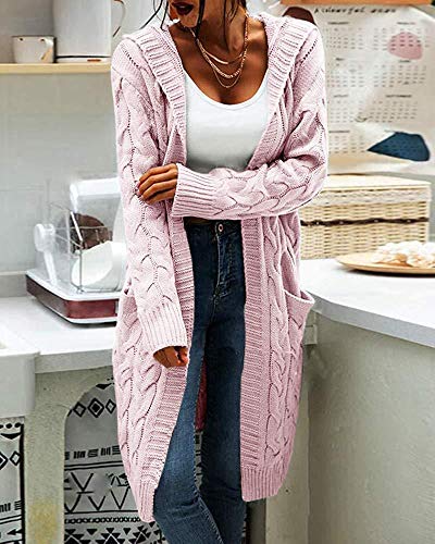 Women's Cable Knit Long Sleeve Sweater Cardigan Open Front Long Cardigans Pocket Hooded Casual Outwear Pink3