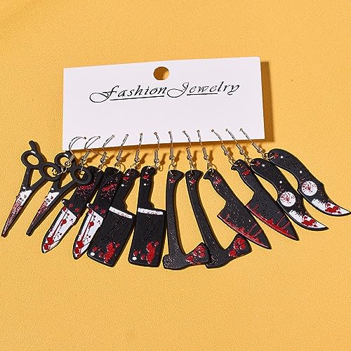 9 Pairs Halloween Earrings for Women Funky Spooky Quirky Earrings Bloody Knife Axe Dangle Earrings Creepy Acrylic Lightweight Acrylic Earrings Set Gifts Jewelry4