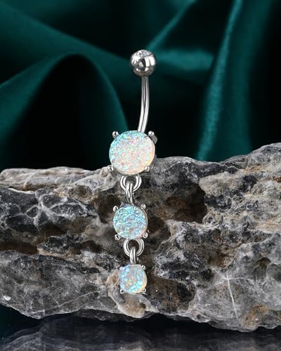 COCHARM Cute Dangly Opal Belly Button Rings 14g 316L Stainless Steel Dangle Navel Rings for Women Belly Button Piercing Dangling Navel Bar4