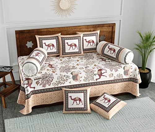 Image of BLOCKS OF INDIA 200Tc Diwan Set Cotton 8 Piece | Deewan Printed Bedsheet Sets For Living Room Hall (Set Of 8 Piece, 1-Bed Sheet | 2-Bolster Cover | 5-Cushion Cover (Color 11), Brown