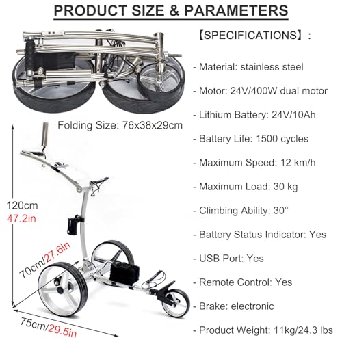 Carrito de golf eléctrico, carrito de golf con control remoto, 3 ruedas con batería de litio de 24 V 10 A y motor dual de 400 W