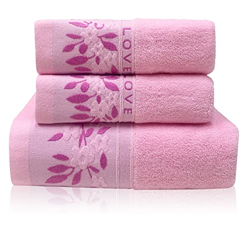 Ustide Pink Leaves Embroidery Towels Set,1 Bath Towel 2 Hand Towels Ultra Soft & Highly Absorbent Cotton Towels For Bathroom，Shower Towel（Pink，3Pcs） #TOP26