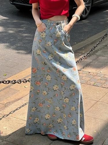 Women's Floral Printed Denim Maxi Skirt Casual High Waist A-Line Frayed Hem Long Jean Skirt4