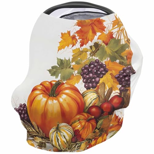 Nursing Cover for Breastfeeding Scarf, Harvest Pumpkin Fruits Grape Autumn Leaves Baby Car Covers Super Soft Multi Use for Canopy Shopping Cart Cover Blanket Stroller Cover