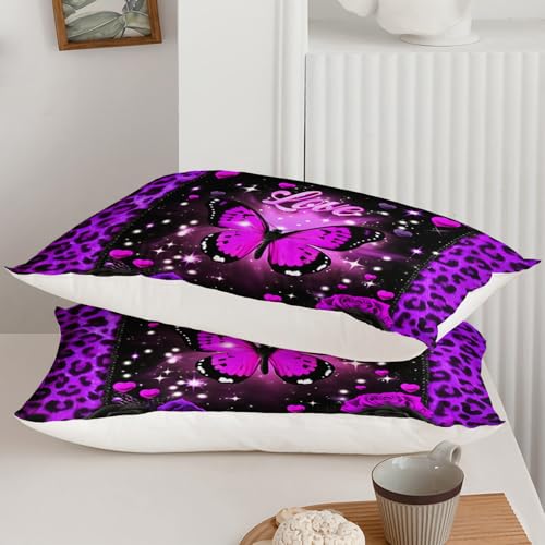 Image of QOOMO 3Pcs Leopard Print Comforter Set Queen Size,Cartoon Butterfly Bedding Set for Teens Boys Girls,Purple Comforter with 2 Pillowcases,Soft and Lightweight