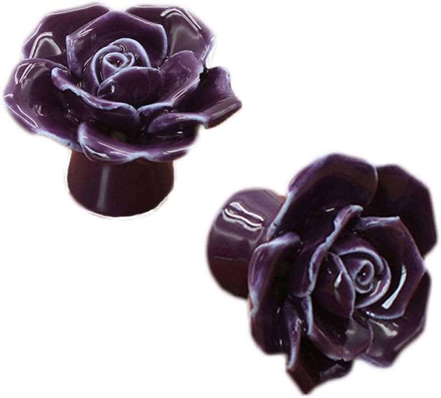 Ceramic Elegant Rose Flower Cabinet Knobs, 6Pcs Purple Vintage Kitchen Rose Flower Drawer Knobs Pull Handles for Girl's Room Dresser Cupboard Wardrobe with 3 Size Screws (6 Pack, Purple)