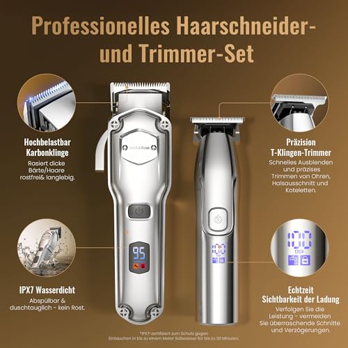 Jack & Rose Haarschneidemaschine, Profi Haarschneider Kabellos & Wiederaufladbar, IPX7 Wasserdichte...