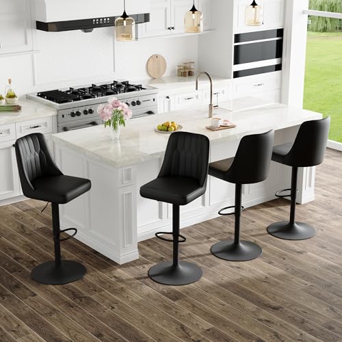 Image of Swivel Bar Stools Set of 4 - Black Barstools with Back,Adjustable Counter Height Bar Stools with Sturdy Metal Legs,Leather Counter Height Stools Ideal for Kitchen Island Pub(25''-33''H)