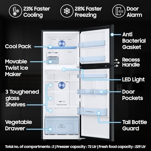 Image of Samsung 301 L, 2 Star, Convertible 5-in-1 Digital Inverter with Display Frost Free Double Door Refrigerator (RT34C4522B1 /HL, Black Matt)