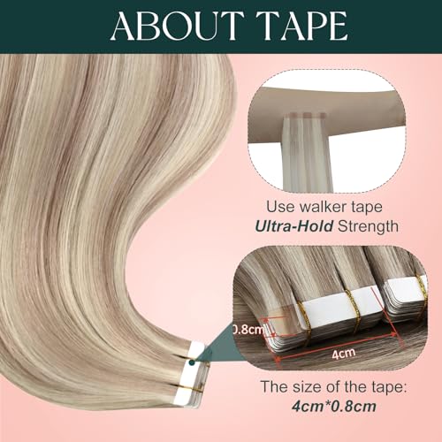 Image of Easyouth Tape in Extensions Highlight Tape in Extensions Real Human Hair Ash Blonde Highlight Bleach Blonde Human Hair Tapes in Extension for Long 50g 20pcs 24 Inch