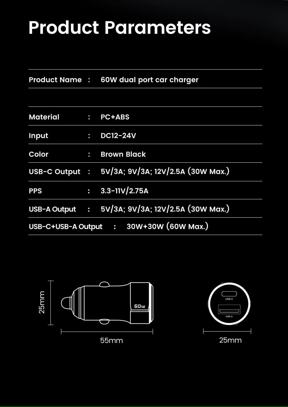 TRON 60W Dual Port Fast Car Power Adapter (30W PD USB-C + 30 USB-A) Transparent Kompakt Zigarettenanzünder Ladegerät für iPhone, Samsung, Android - Braun Schwarz -TR13