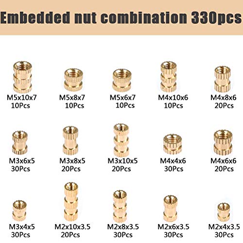 Qlouni 330Pcs M2 M3 M4 M5 Female Thread Knurled Brass Threaded Insert Embedment Nut Assortment Kit, Pressed Fit Into Holes For 3D Prints And More Projects #TOP2